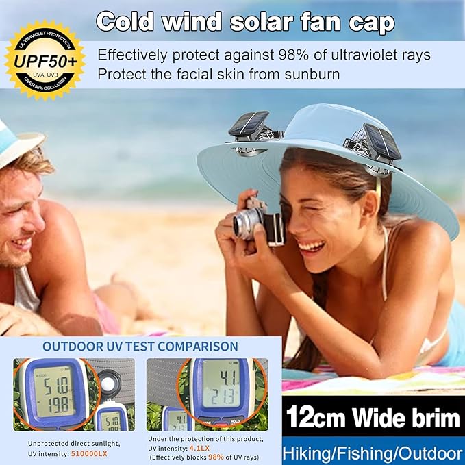 Outdoor Wide Brim Sun Hat with 2 Solar Powered Fan, Bucket Hat for Men Women, Fishing, Gardening & Beach Hat for Men