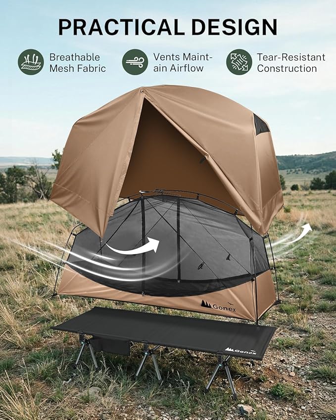 Gonex Camping Tent Cot for Adults, 1-Person Off-Ground Folding Portable Easy Set-up Tent Cot Combo Supports 350lbs for Hiking, Backpacking, Car & Motorcycle Camping(31.5" W X 78.7" L)-Khaki