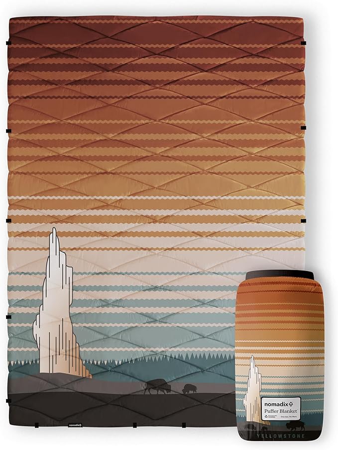 Nomadix Yellowstone Puffer Blanket – Water-Resistant, Eco-Friendly Insulated Blanket with Snaps for Camping, Beach, and Travel, Made from Recycled Materials