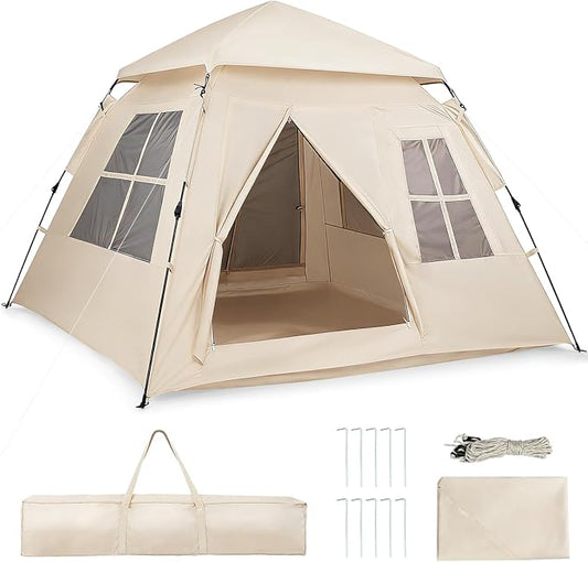 Goplus 4 Person Camping Tent, Portable Automatic Easy Setup Cabin Tent with Rainfly, Mesh Windows, 2 Doors & Carrying Bag, Lightweight Outdoor Sun Shelter for Hiking Traveling Picnic
