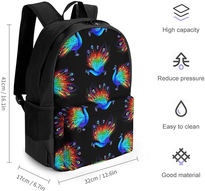 Men Women Polyester Rainbow Peacock Art Black Daypack Backpack Large Capacity Carry On Bag With Smooth Zippers for Hiking Picnic Walking Cycling