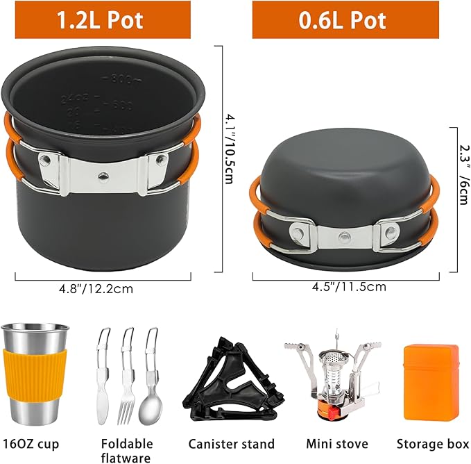 Camping Cookware Mess Kit, Non-Stick Lightweight Camping Pots and Pans with Kettle, Stainless Steel Cups Plates Forks Knives Spoons for Backpacking, Hiking, Outdoor Cooking