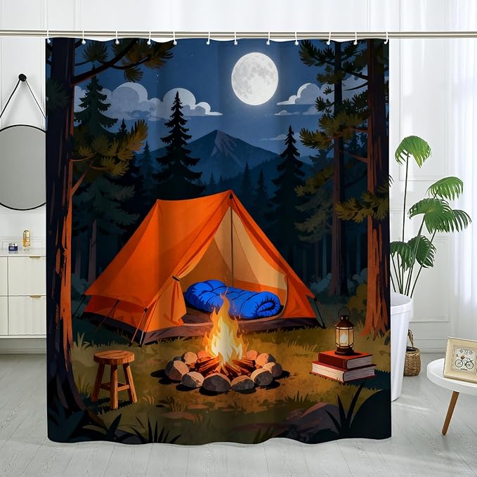 Tent Shower Curtain, Outdoor Adventure Campfire Moon Summer Orange Waterproof Fabric Toile Cloth Shower Curtains Decor for Toile Bathroom Dorm 62x72 Inch