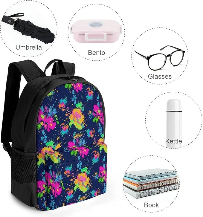 Men Women Polyester Paint Splatter Dark Colorful Daypack Big Capacity Shoulder Bag With Smooth Zippers for Hiking Work Walking Cycling