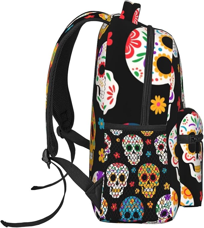 Backpack Polyester Anti-Theft Multipurpose Dead Sugar Skull Bookbag Large Capacity Laptop Book Bag Rucksack With Side Pockets