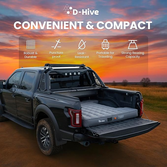 D-Hive Unbeatable Durability 6-6.5" Truck Bed Air Mattress, Durable Extra Thick 300D Oxford Fabric, Quick Easy Set-Up w/Electric Pump,Truck Camping Mattress Compatible with F150, Ram, Tundra