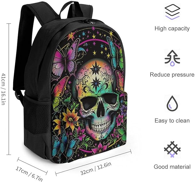 Men Women Polyester Psychedelic Skull Sbutterflies Art Backpack Large Capacity Bookbag With Smooth Zippers for Climbing Picnic Bicycle