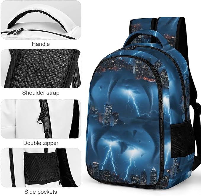 Water Resistant Travel Daypack Chicago City Tornado Storm Weather Pattern, Lightweight Laptop Backpack with Water Bottle Pockets for Men Women College Work