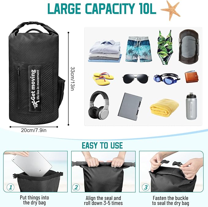 BKNOOU Dry Bag Waterproof for Women Men, 10L/20L Roll Top Lightweight Dry Storage Bag Backpack for Travel, Kayaking, Boating, Rafting, Camping, Hiking and Beach, with Phone Case (Black, 10L)