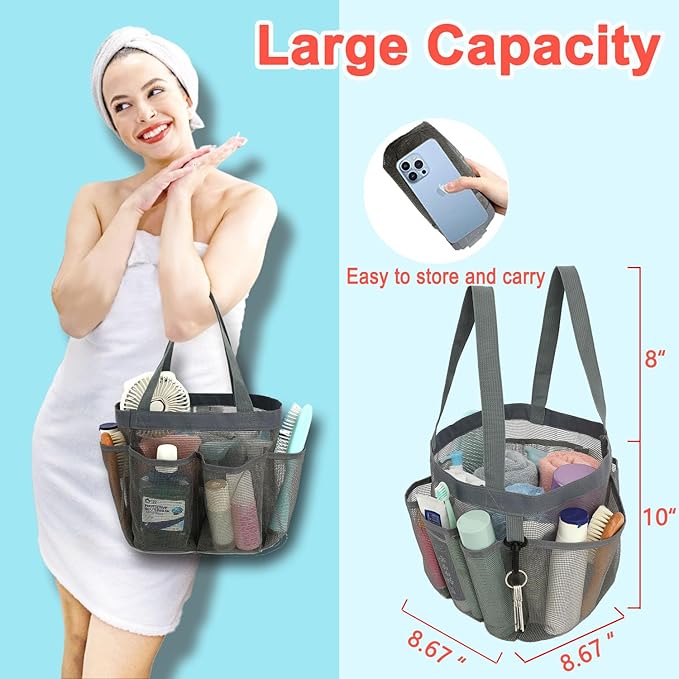 Mesh Shower Caddy Portable for College Dorm Room Essentials, 8-Pocket Large Shower Basket Tote Bag with 2 Handles for Toiletry, Bathroom, Beach, Camp, Gym