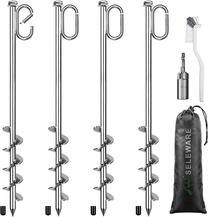 SELEWARE 4 Pack Trampoline Stakes Heavy Duty Ground Anchors High Wind Trampoline Stakes Anchors Spiral Earth Anchors for Secure Animals Trampolines Tents Shed Swing Set Mobile Homes Carport