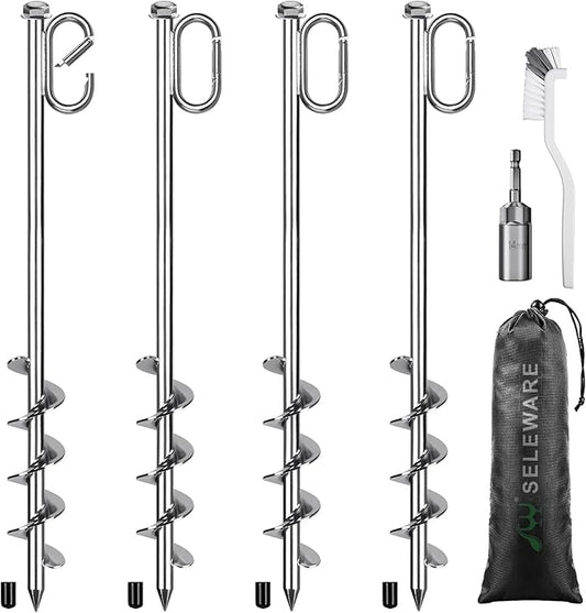 SELEWARE 4 Pack Trampoline Stakes Heavy Duty Ground Anchors High Wind Trampoline Stakes Anchors Spiral Earth Anchors for Secure Animals Trampolines Tents Shed Swing Set Mobile Homes Carport