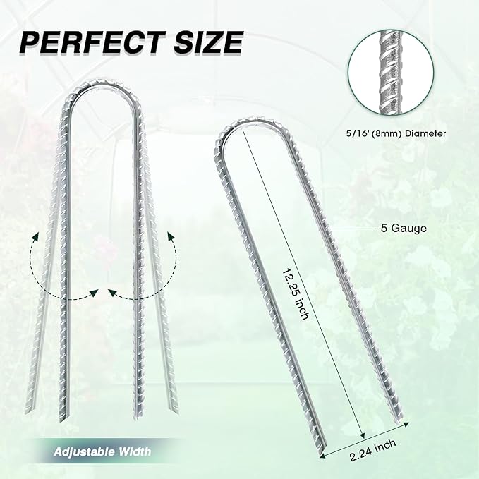 12 Inch Rebar Stakes Heavy Duty, 6 Pack Garden Stake U-Hook, Galvanized Rust Proof Metal Stakes for Tent, Landscape,Outdoor Decorations, Fabric Ground Cover, Tube Fixing (Silver, U-12in-6pc)