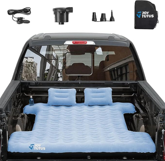JOYTUTUS Upgraded Light Version Truck Bed Air Mattress for Camping, Thicken Inflatable Mattress for 5.5-5.8Ft Short Truck Bed,with Built-in Cup Holder&2 Inflatable Pillow,Full-Size,Grey Blue