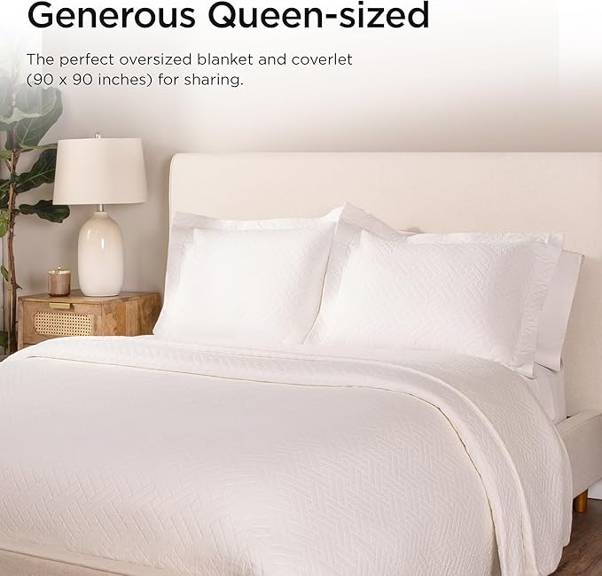 Threadmill Luxury Cotton Blankets for Queen Size Bed | All-Season 100% Cotton Queen Size Blanket | Criss Cross Jacquard Cozy Lightweight, Soft Breathable Coverlet fits Full Size Bed, 90x92 | White