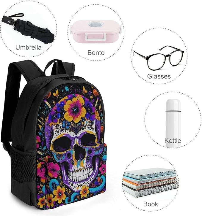Men Women Polyester Trippy Skull Head Mushroom Art Daypack Bookbag Big Capacity Shoulder Bag With Padded Straps for Climbing Travel Walking Cycling