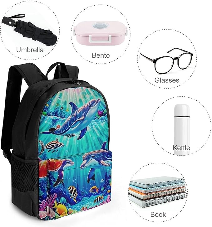 Supdreamc Men Women Lightweight Dolphins Sea Water Life Underwater Beautiful Sea World Daypack Bookbag Big Capacity Carry On Bag With Side Pockets for Camping Travel Bicycle