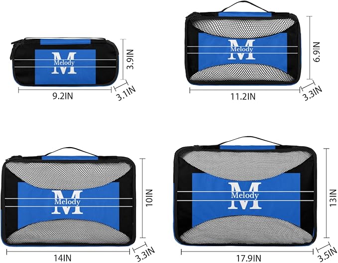 Custom Packing Cubes with Name and Initial Letter, 4Pcs/Set Travel Luggage Packing Organizers Set for Men and Women, Navy Blue with Black