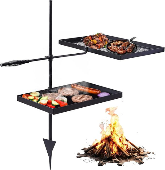 VINGLI Swivel Camping Firepit Grill, Foldable Campfire Steel Grate w/Griddles & Storage Bag, 360° Adjustable, Open Fire Outdoor Cooking Equipment, Parties, Activities, Families Use 31'' x 17'' x 32''