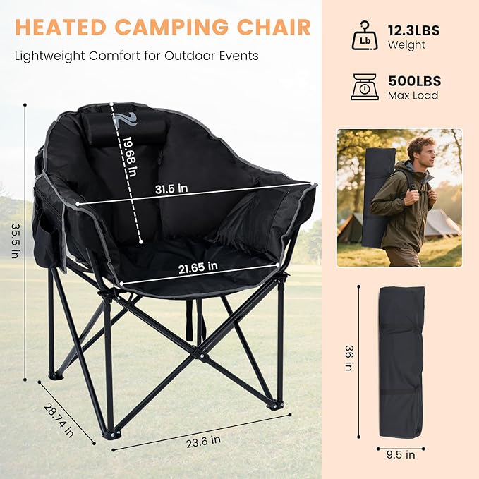 Oversized Heated Camping Chair with 20,000mAh Power Bank, Heated Chairs Outdoor Sports with 3 Heat Levels, Portable Folding Heated Outdoor Chair for Lawn Patio Lounge