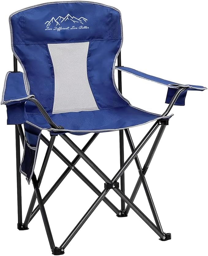 Outdoor Folding Camping Chair with Cup Holder, Storage Bag, Large Anti-Sink Feet, 325lbs Capacity, Breathable Mesh Portable Chair for Camping, Beach, Fishing, Sports, Blue