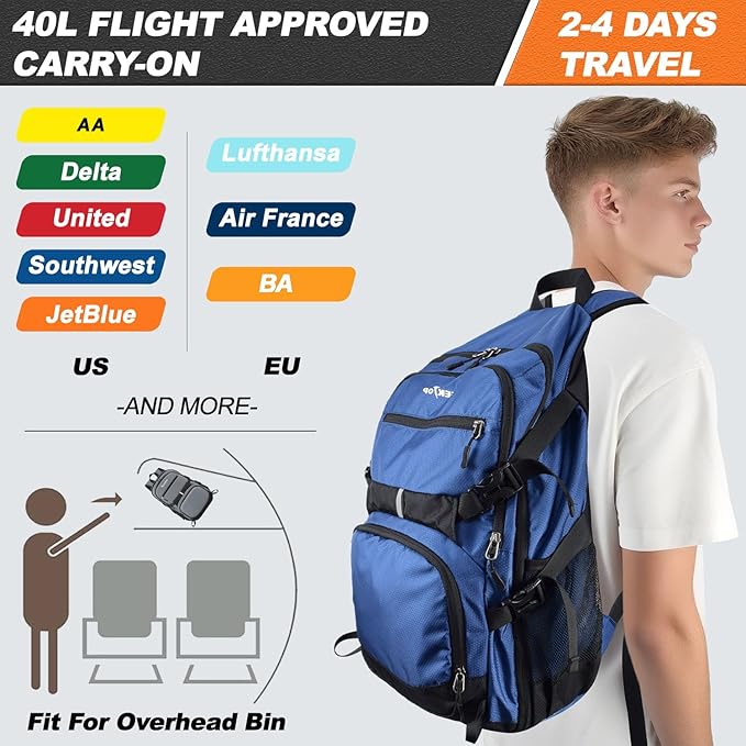 Seektop Lightweight Travel Backpack for Men Women, Multiple Pockets 40L Hiking Backpack Foldable Carry on Backpack for Outdoor Camping Sport Leisure (Blue)