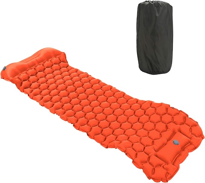 Inflatable Camping Sleeping Pad Mat, Ultra Lightweight Air Cushion Mattress for Tent Hiking Travel, 2 Way Valve Design with 40D Nylon Fabric and TPU Laminate, Compact Foldable (Orange)