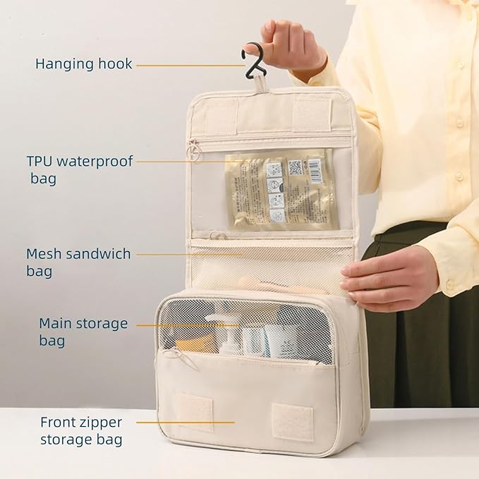 Waterproof Hanging Toiletry Bag for Travel | Cosmetic Organizer with Hook | Portable Makeup Bag for Women and Men (Light Blue)
