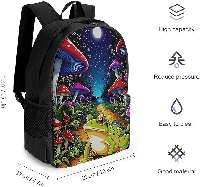 Supdreamc Daypack Backpack Anti-Theft Multipurpose Big Capacity Bookbag, Psychedelic Magic Mushrooms Frog Trippy Art Business Computer Bag With Side Pockets