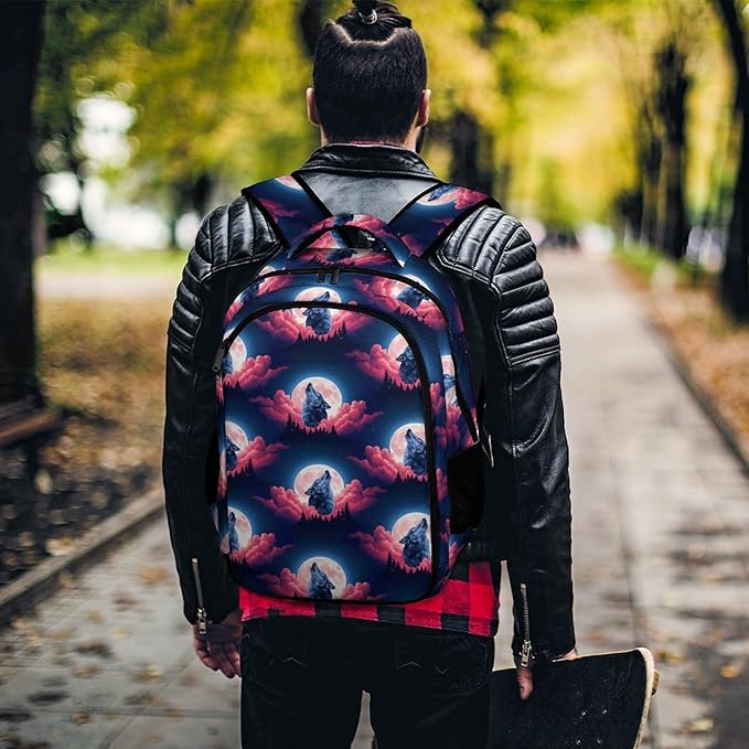 Laptop Backpack Wolf Howling Sky Moon, Work Backpack with Breathable Shoulder Straps for Office Commute