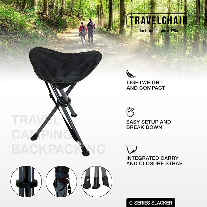 Travel Chair Slacker Tripod Chair for Camping, Lightweight Chair, Adjustable Carry Strap for Easy Transport | Lighter Version of The Original Slacker Stool | Perfect for Outdoor Adventures (Black)
