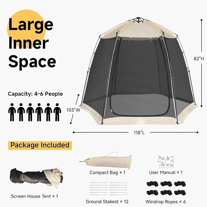EighteenTek Screen House Gazebo, 2-4-6 Person Pop Up Screen Tent, Instant Screen Room with Carry Bag, Outdoor Mosquito Tent Pop-Up, Sun Shade Shelter for Patio, Garden, Backyard, Deck
