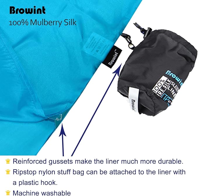 BROWINT Silk Sleeping Bag Liner, Silk Sleep Sack, Extra Wide 87"x43", Lightweight Travel Sheet for Hotels, More Colors for Option, Reinforced Gussets