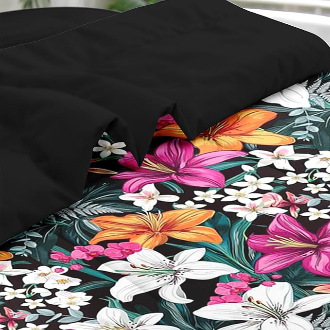 Comforter Set Full Size, Lilies Orange Pink Flowers 7 Pcs Bedding for Kids and Adults, Floral Blossom Hawaii Bed Sheet Sets with Fitted Sheet 2 Pillowcases & 2 Shams for Bedroom Bed Decor
