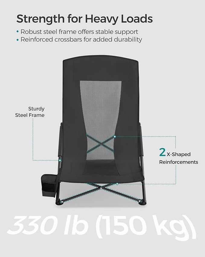 SONGMICS Set of 2 Portable Beach Chairs for Adults, Max. Load 330 lb Each, High Backrest, Cup Holder, Lightweight, Heavy-Duty, Black UGCB067B01V1