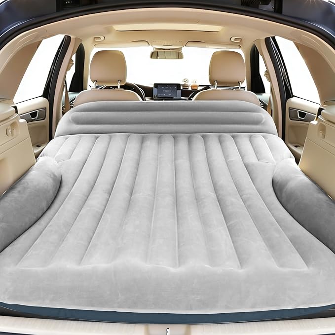SUV Air Mattress, Double-Sided Thick Flocked Car Air Mattress with Built-in Pump & Pillow, Complete Sleeping Accessories for Auto Camping & Road Trips（Light Grey）