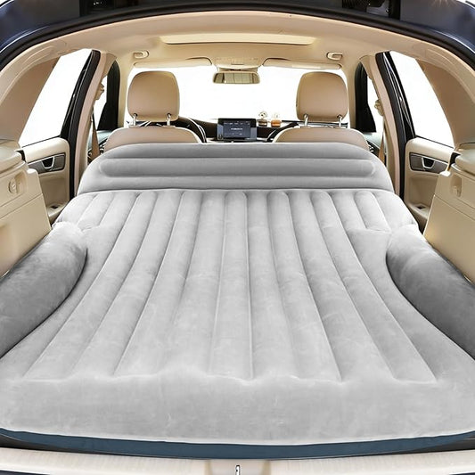 SUV Air Mattress, Double-Sided Thick Flocked Car Air Mattress with Built-in Pump & Pillow, Complete Sleeping Accessories for Auto Camping & Road Trips（Light Grey）