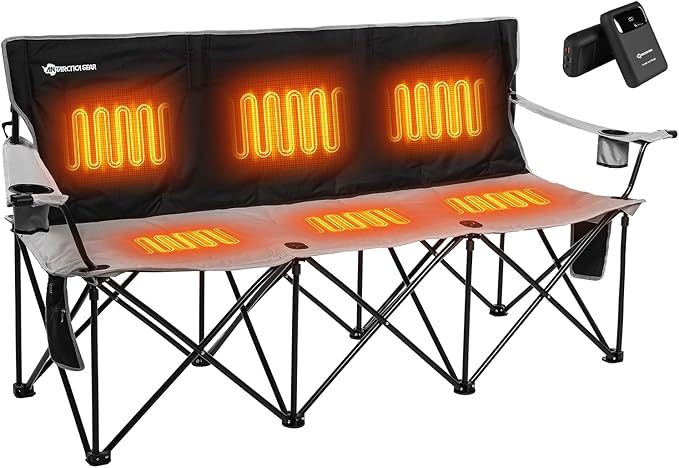 ANTARCTICA GEAR Heated 3-Person Camping Chair with 12V 15000mAh Battery Pack - Heavy-Duty XL Folding Bench for Outdoor, Campsites, Tailgating - Portable Heated Seating with Adjustable Warmth