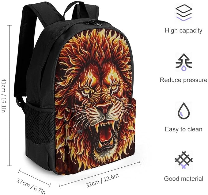 Lightweight Rucksacks for Camping Picnic Walking Cycling, Large Capacity Multipurpose Anti-Theft Carry On Bag, Fierce Wild Animal Angry Fire Travel Hiking Camping Rucksack