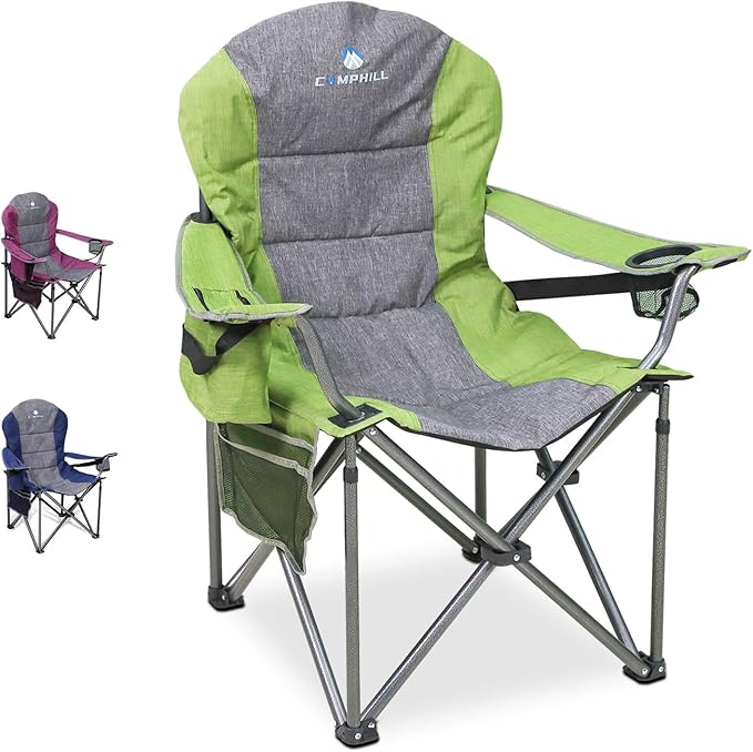 Northroad Oversized Portable Camping Chair, Full Padded Outdoor Folding Chair Support 350 LBS, Heavy Duty Lawn Chair with Cup Holder, Cooler Bag, Lumbar Support, Head Pocket for Adult (Green)