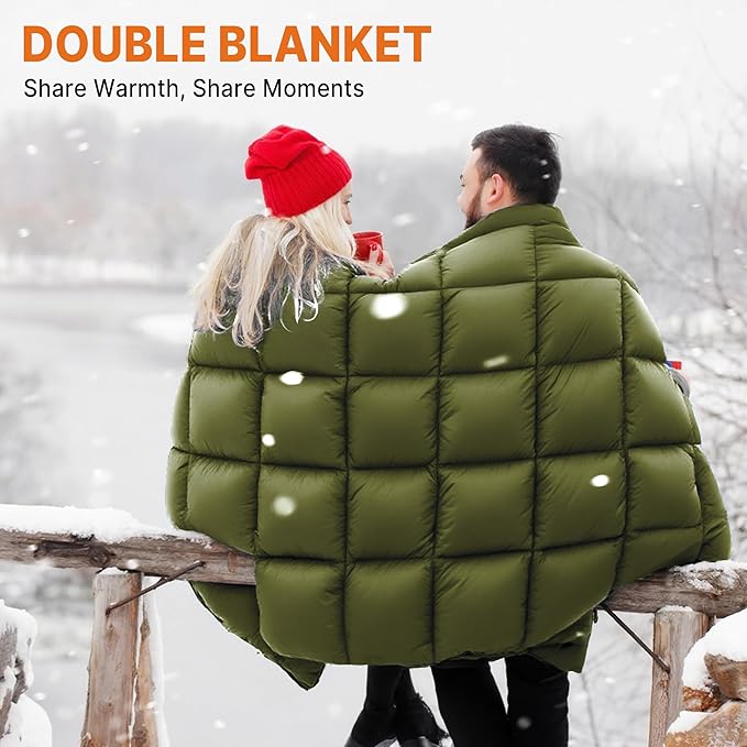 Down Puffy Blanket for 2 Person Car Camping Outdoor Travel Backpacking, 80% Duck Down & 20% Feather Lightweight Portable Soft Warm Cozy Camping Blanket Quilt, Olive Green