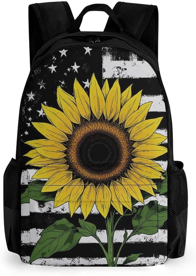 Supdreamc Lightweight Daypack for Camping Business Walking Cycling, Large Capacity Anti-Theft Multipurpose Bookbag, American Thin Black Line Flag Sunflower Art Gym Outdoor Hiking Backpack
