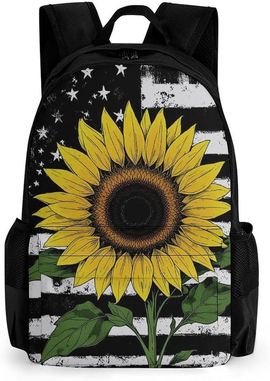 Supdreamc Lightweight Daypack for Camping Business Walking Cycling, Large Capacity Anti-Theft Multipurpose Bookbag, American Thin Black Line Flag Sunflower Art Gym Outdoor Hiking Backpack