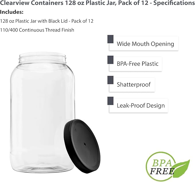 Plastic Storage Jars with Leak Proof Lids, BPA Free, Hand Wash Only (128oz, 12PK Black)