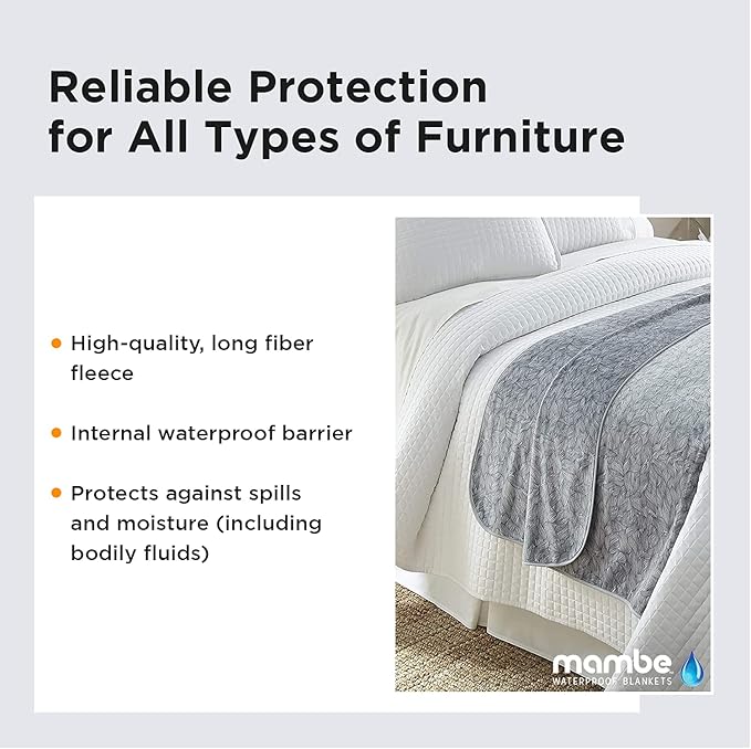 Mambe Silky Waterproof Throw for Protecting Furniture Bed Couch from Stains Caused by Dogs, Cats, Incontinence. Soft, Washable, Reversible. (Size Medium 70x70 inches, Color Serene)
