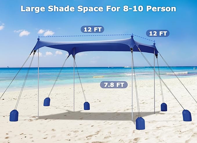 Gorich Beach Tent Sun Shelter with 8 Sandbags, UPF50+ Protection & Windproof Pop Up Beach Canopy Tent Sun Shade for Family, Travel & Camping, Easy Setup Canopy Umbrella