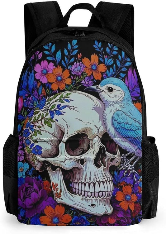 Shoulder Book Bags Anti-Theft Multipurpose Big Capacity Bookbag, Hippie Skull Florals Bird Art Travel Hiking Backpack With Smooth Zippers