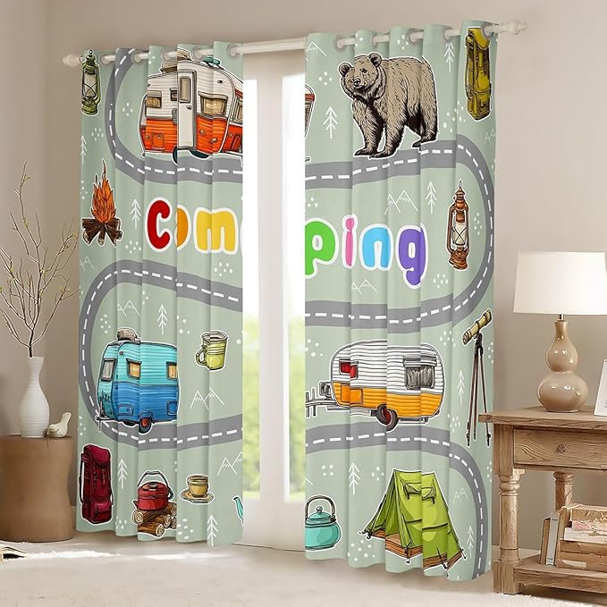 Feelyou Cartoon Camping Camper Curtains for Bedroom Living Room Rv Camping Adventure Blackout Darkening Drapes Wildlife Animal Bear Window Treatments, 2 Panels 38 x 45 Inch Room Decor