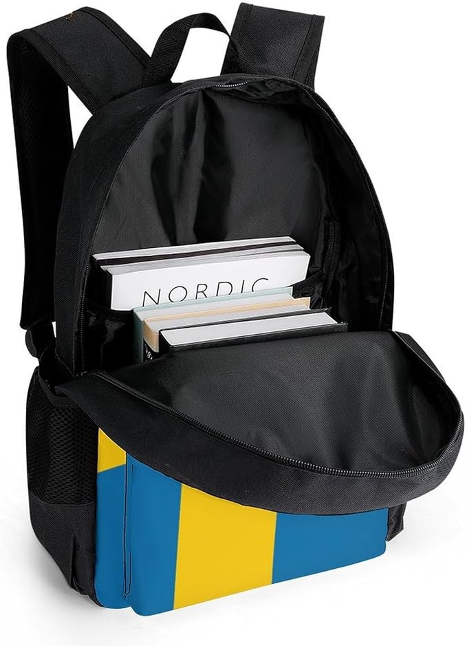 Daypack Bookbag Multipurpose Anti-Theft Big Capacity Carry On Bag, Sweden Flag Travel Hiking Camping Rucksack With Padded Straps