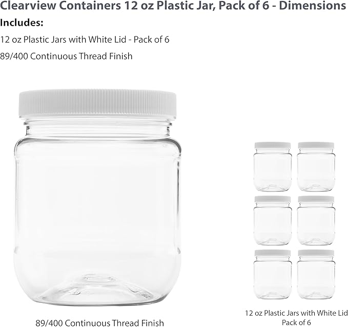 Plastic Storage Jars with Leak Proof Lids, BPA Free, Hand Wash Only (12oz Jar, 6PK)